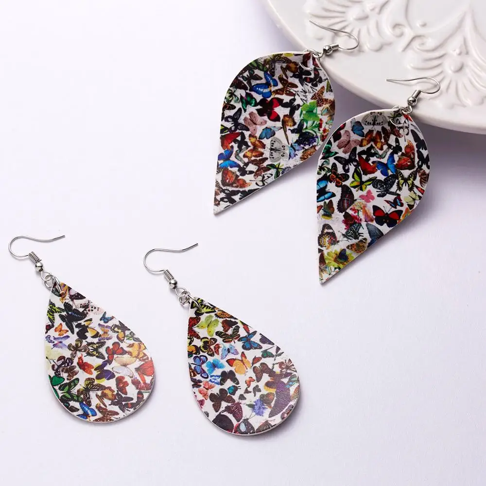 Кожаные серьги в богемном стиле подвески из искусственной кожи с рисунком