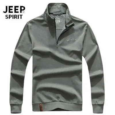 JEEP SPIRIT брендовая Осенняя футболка мужская с длинным рукавом Стенд половина на молнии воротник Теплая мужская футболка однотонная футболка homme - Цвет: Серый