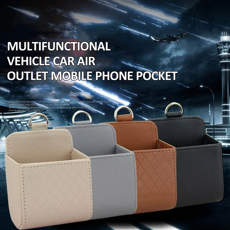 

C Multi-function Car Air Outlet Pocket With Hook Mobile Phone Hanging Bag Travel Storage Box Leather Container Cup Holder Pocket