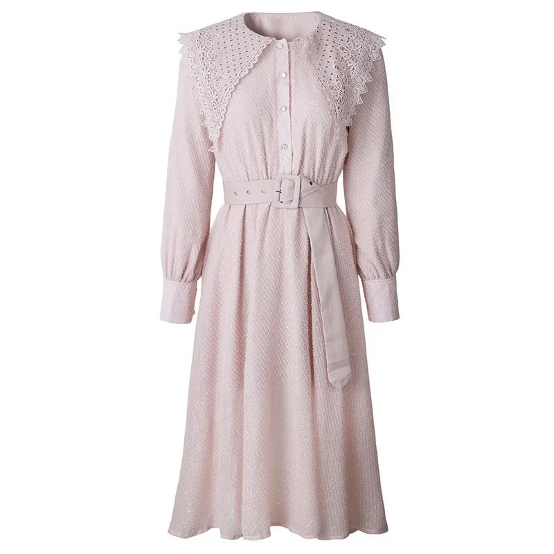 Женское платье с длинным рукавом розовое однобортное до середины икры