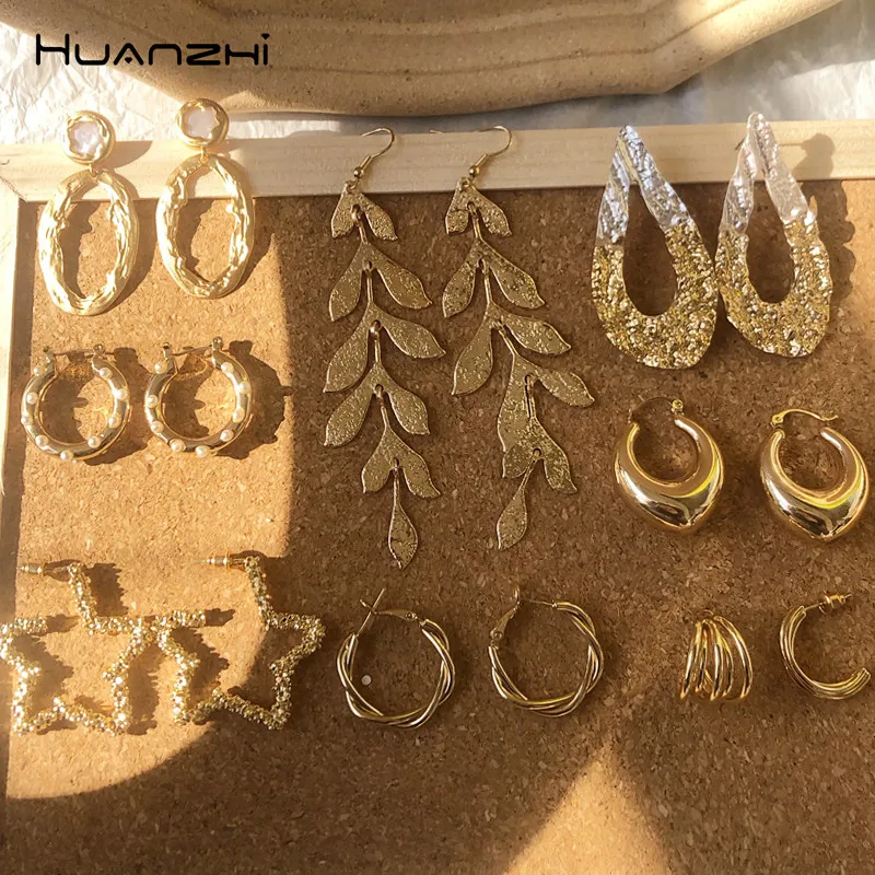 HUANZHI 2020 новые минималистичные золотые серебряные металлические серьги кольца в