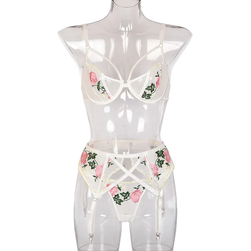

Yimunancy Floral Embrodiery Lace Lingerie 3 Piece Set Sexy Underwear Women Bra and Panties Sets Bra Lingeries Feminina