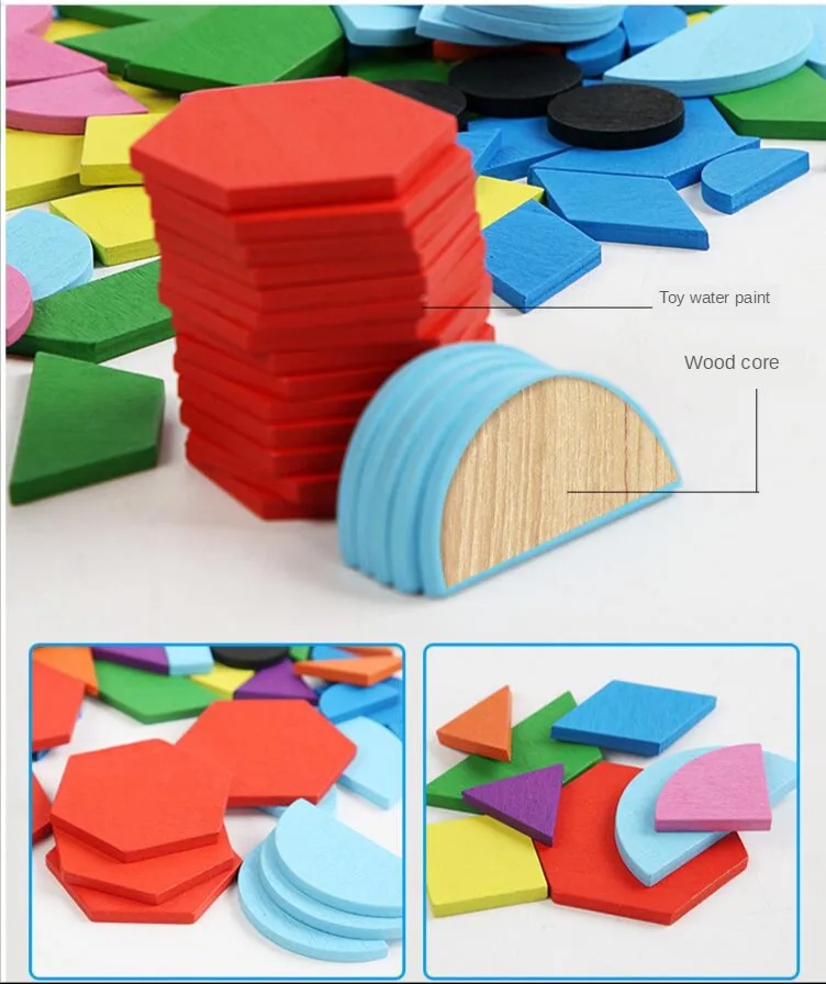 

210pcs Wooden Pattern Block Geometric Shape Animal Eyes Picture Card Set Creative Preschool Kids Educational Toy Math Learning