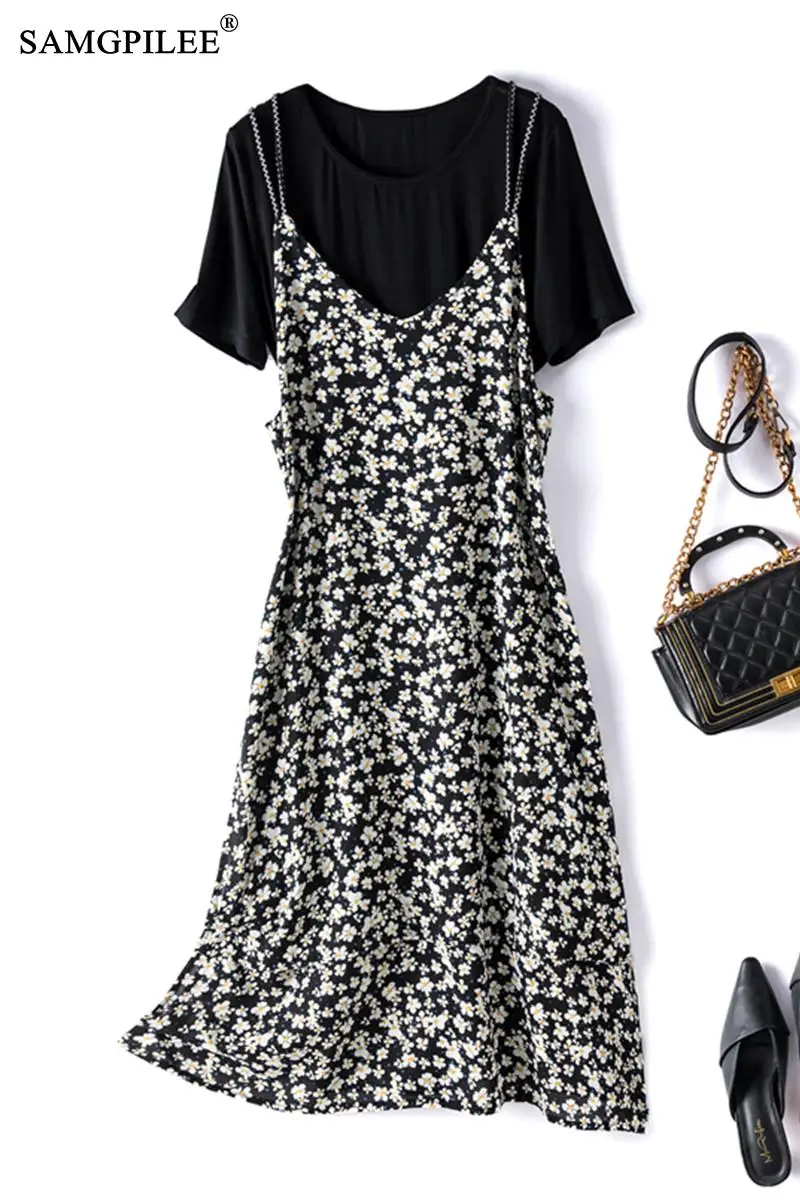 

Fashion Korean Floral Women Sets Two-piece Sling Chiffon Dress Stretch T-shirt Mid Calf Length Dresses Summer Clothes For Woman