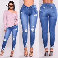 blue jeans pancil pants women high waist slim hole ripped denim jeans casual stretch skinny trousers jeans long pants blue