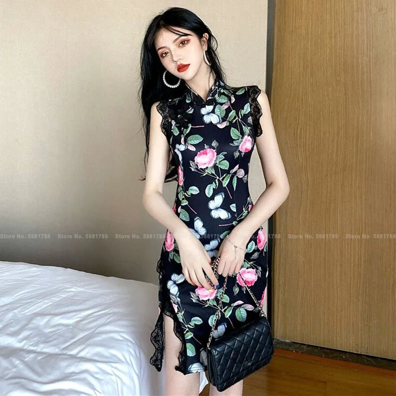 

Koreaanse Elegante Slanke Qipao Bont Retro Chinese Stijl Cheongsam Mode Vrouwen Sexy Bruiloft Jurk Nieuwe Jaar Oosterse Kleding