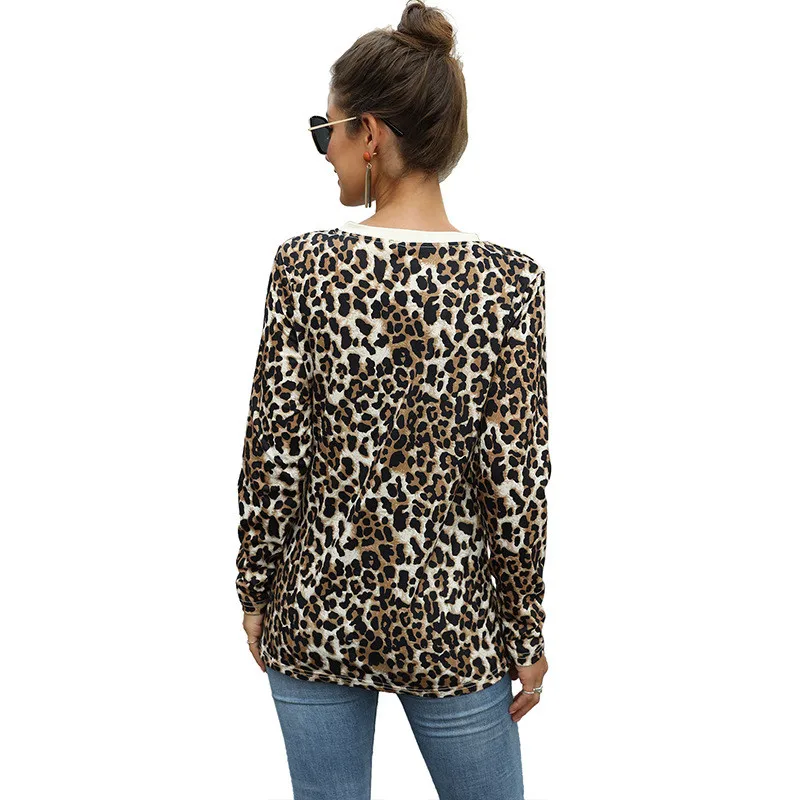 Женский пуловер с леопардовым принтом длинным рукавом и круглым вырезом|Женские