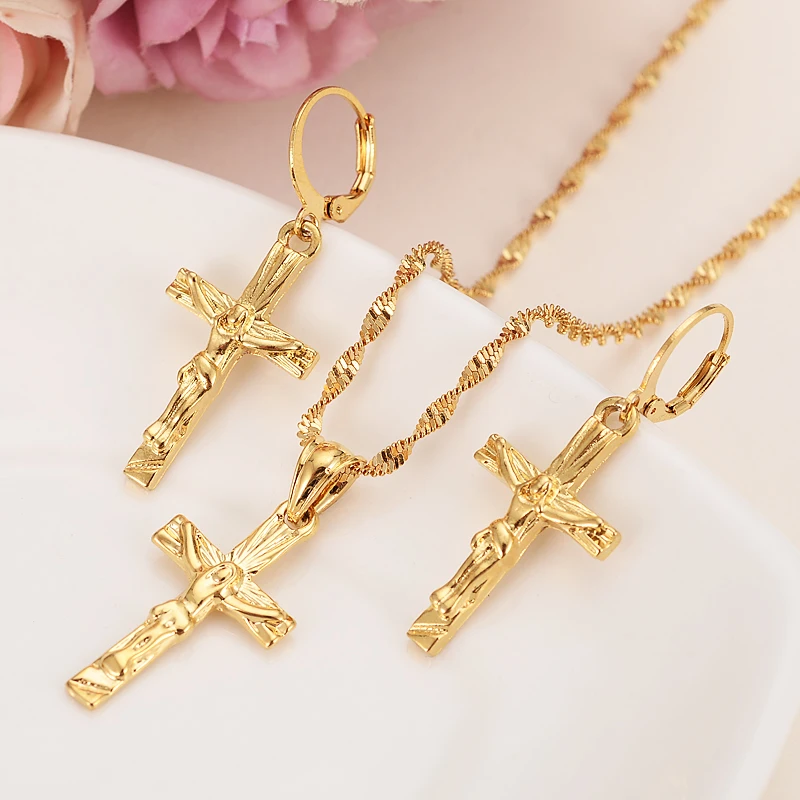 

Gold Color Jesus Cross Drop Earrings Pendant Necklace Elegant Jewerly Set For Women High Quality Dubai Arab African Jewelry