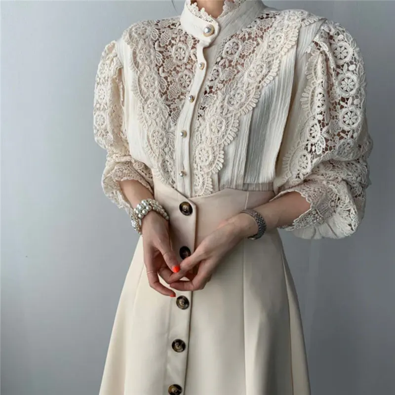 

2021 Sweet Chic Stand Hollow Out Patchwork Lace OL Office Lady Soft Casual Warm All-Match Stylish Blouses 2 Types