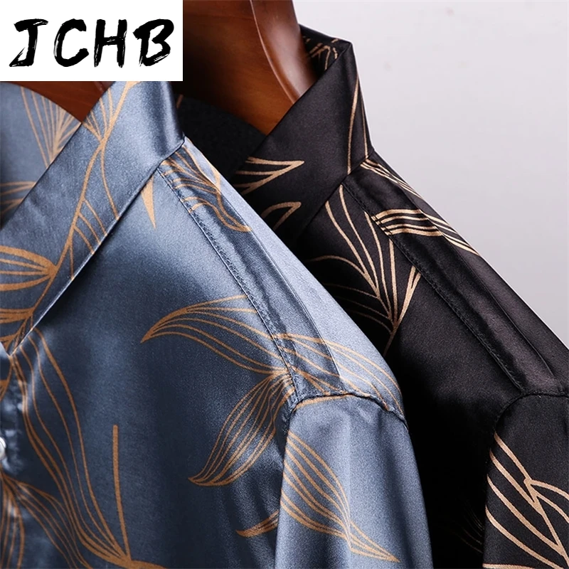 

Shirts Silver Mens Satin Silk Short Sleeve Shirt Leaf Printed Shirts for Men Casual Business Korean Fashion Clothing Male Office