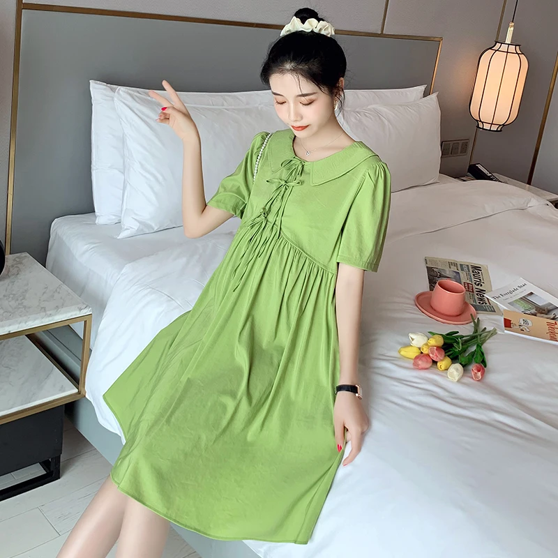 

Purple Green 2020 Summe maternity dress Polyester Turn -Down mid-length lace up Plus Size Pregnant Women Pleated Dress Sweet