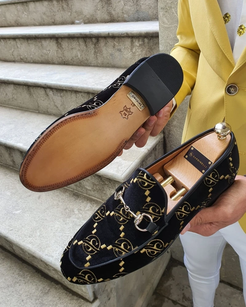 

Men's Handmade Black Suede Sole Soft Embroidered Metal Decoration Loafers Comfortable and Fashionable Business Casual 9KL011