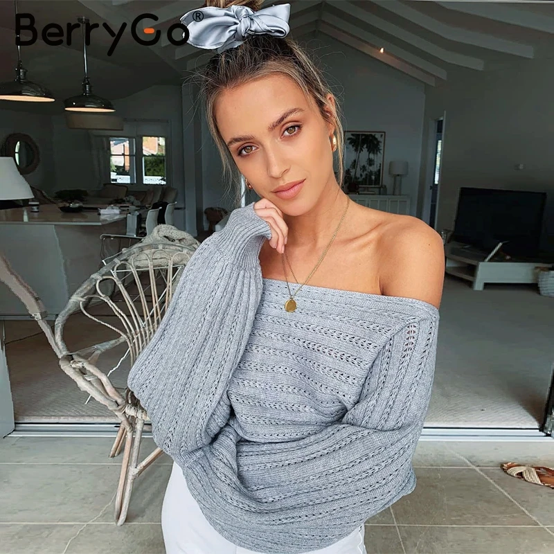 BerryGo Sexy off shoulder women knitted sweater Lantern sleeve hollow out pullover sweaters Loose autumn winter white jumpers | Женская