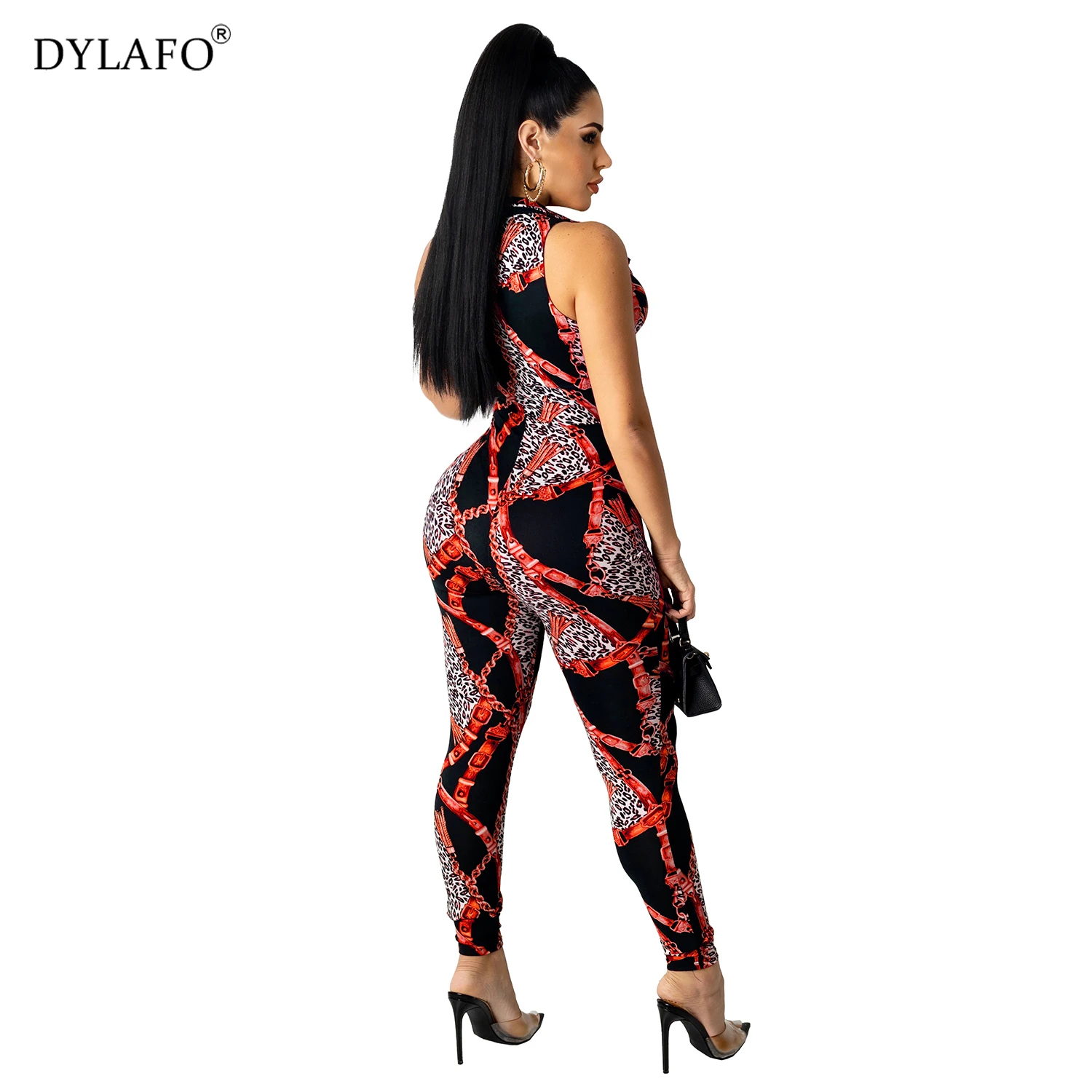Stylish V Neck Printed Spandex Rompers Women Sexy Summer Bandage Waist Lace Up Straps Pencil Leg Pants Slim Jumpsuit Outfits