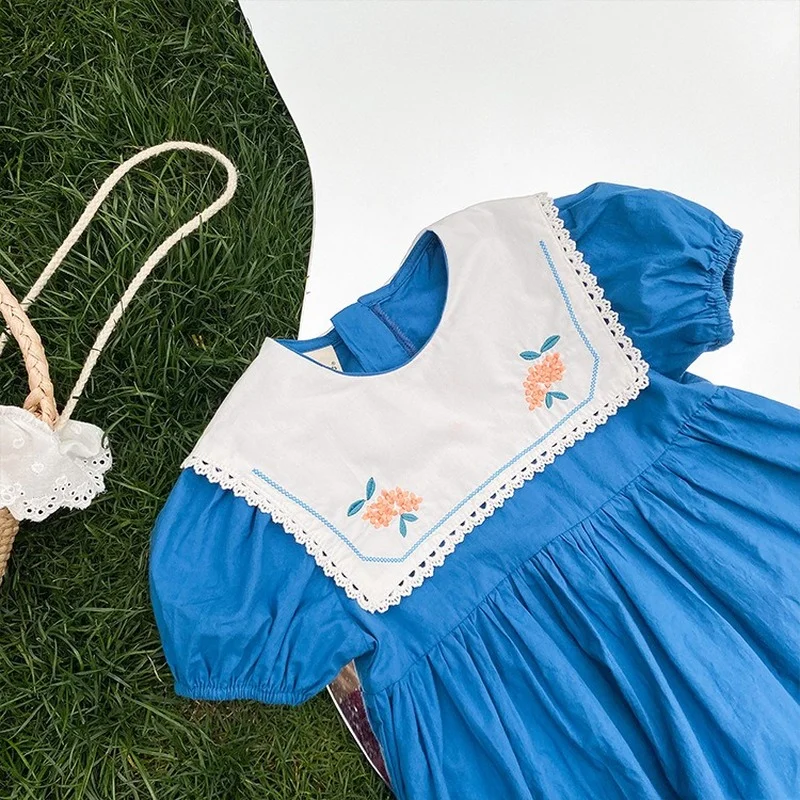 

2021 New Baby Girls Wash Cotton Navy Embroidered Short Sleeve Casual Fashion Dresses Toddler Children Blue Floral Clothes