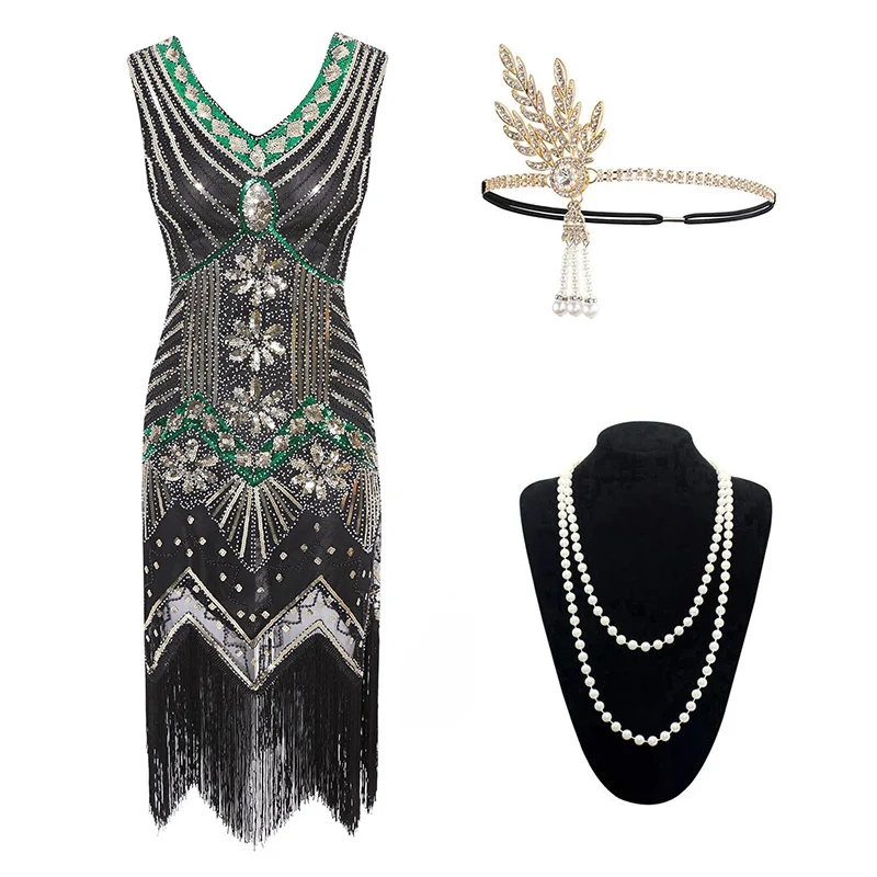 Gold Green set Винтажное женское платье 1920s Gastby со сплошным расшитым блестками Сетчатое платье в стиле модерн украшенное бахромой платье размера плюс черный/зеленый/белый/золотой - Цвет: Gold Green set