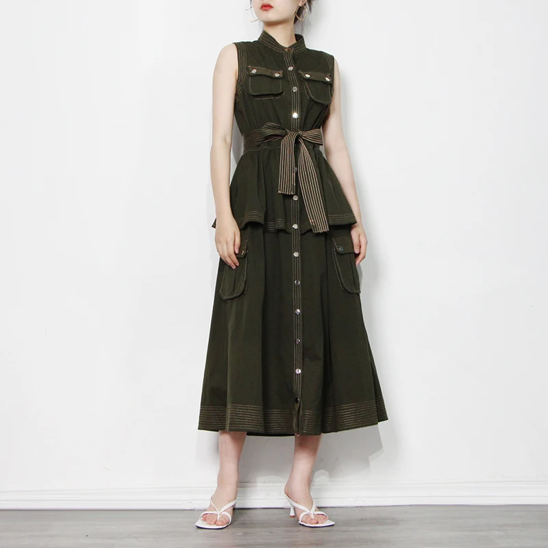 

Black OL Style Dress For Women Stand Collar Sleeveless High Waist Sashes Casual Dresses Female Fashion New Clothing