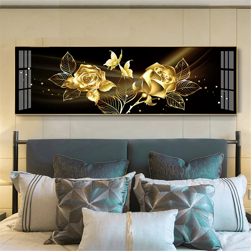 

Black Golden Rose Flower Butterfly Diamond Painting Abstract Bedside Living Room Table Plant Canvas Art Decoration