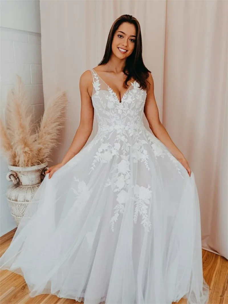 

2020 Sheer V-Neck A-Line Wedding Dresses Natural Waist Bridal Dress Fashion Sleeveless With Zipper Back Spring