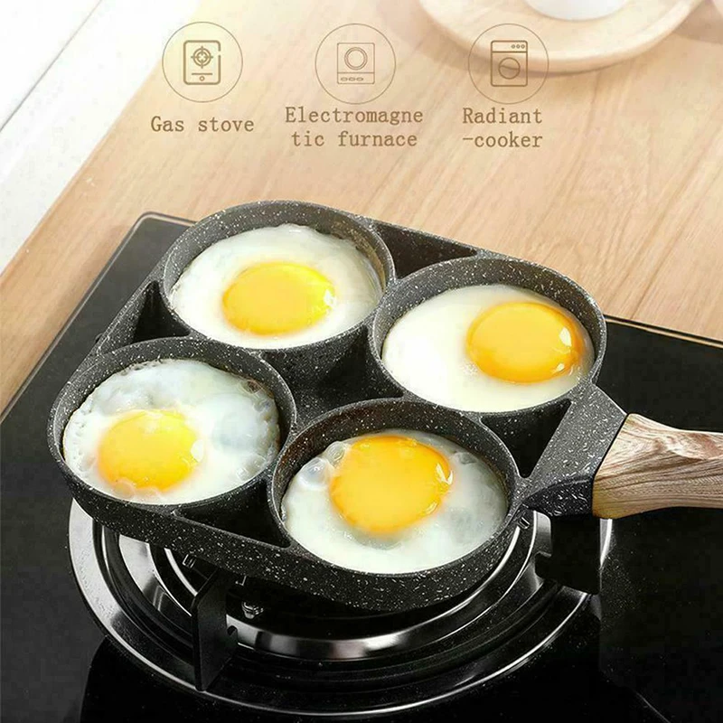 

4 Hole Omelet Pan For Burger Eggs Ham Pancake Maker Wooden Handle Frying Pot Non-stick Cooking Breakfast Kitchen Gadgets