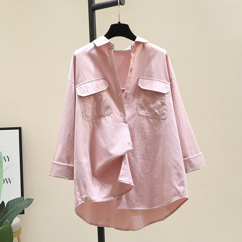 

SuperAen Pink Double-pocket Cotton and Linen Shirts Women's Autumn 2021 New Loose Casual Full Jacket