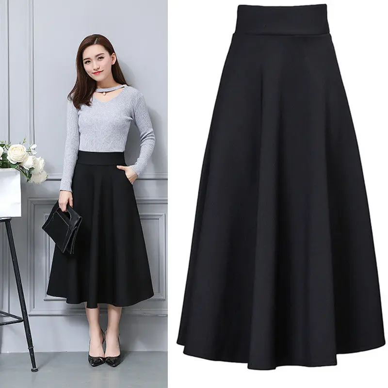 Женская Юбка миди с завышенной талией черная эластичная трапециевидная в