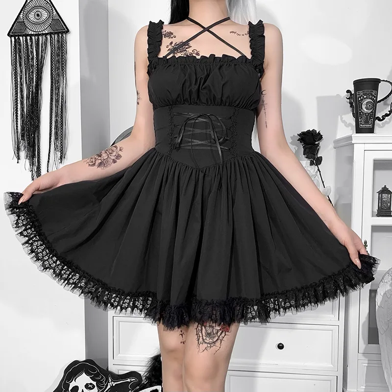 

Vintage Gothic Diablo Lace Sling Dress Y2K E-Girl 2021 New Black Elegant Women Fashion Sexy Little Black Dress Lolita Dresses