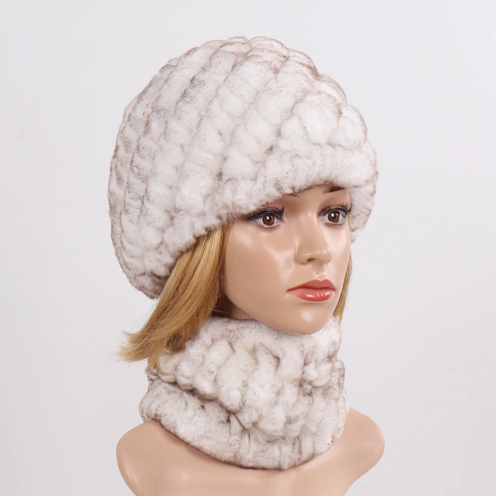 Новый Для женщин Настоящий мех кролика наборы шарф шапка натуральный енота