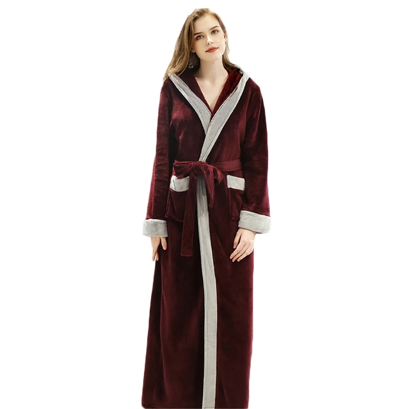 

Women Men Winter Flannel Hooded Bathrobe Contrast Color Full Length Kimono Robe Thick Warm Plush Belted Nightgown Sleepwear with