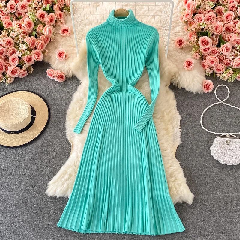 

Croysier Autumn Winter Warm Turtleneck Sweater Dress Women Long Sleeve Casual Ribbed Knitted Midi Dress Elegant Pleated Dress