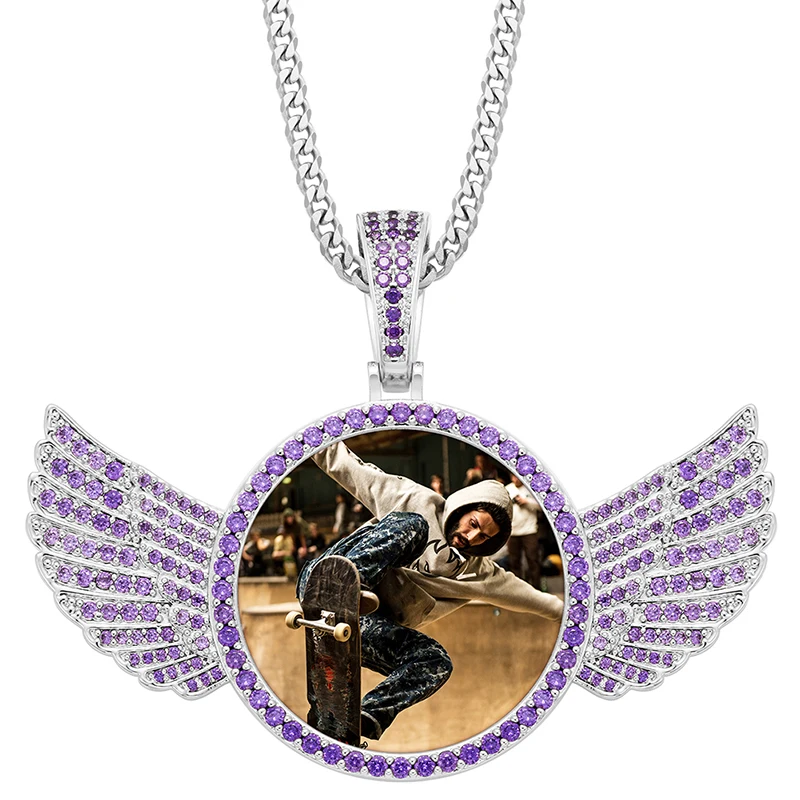 VIP CZP0544 Custom Made Photo Crystal Angel Wings Pendants Necklaces 3 Color Gold Pink Purple Cubic Zircon Men's Hip Hop Jewelry |