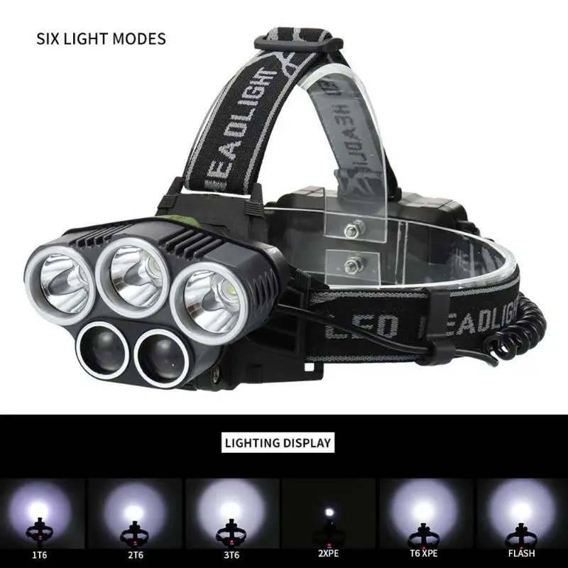 

3x T6+2x XPE LED Headlamps Multiple Lights 15W 6 Modes Headlights Waterproof Portable USB Rechargeable Torch Flashlight