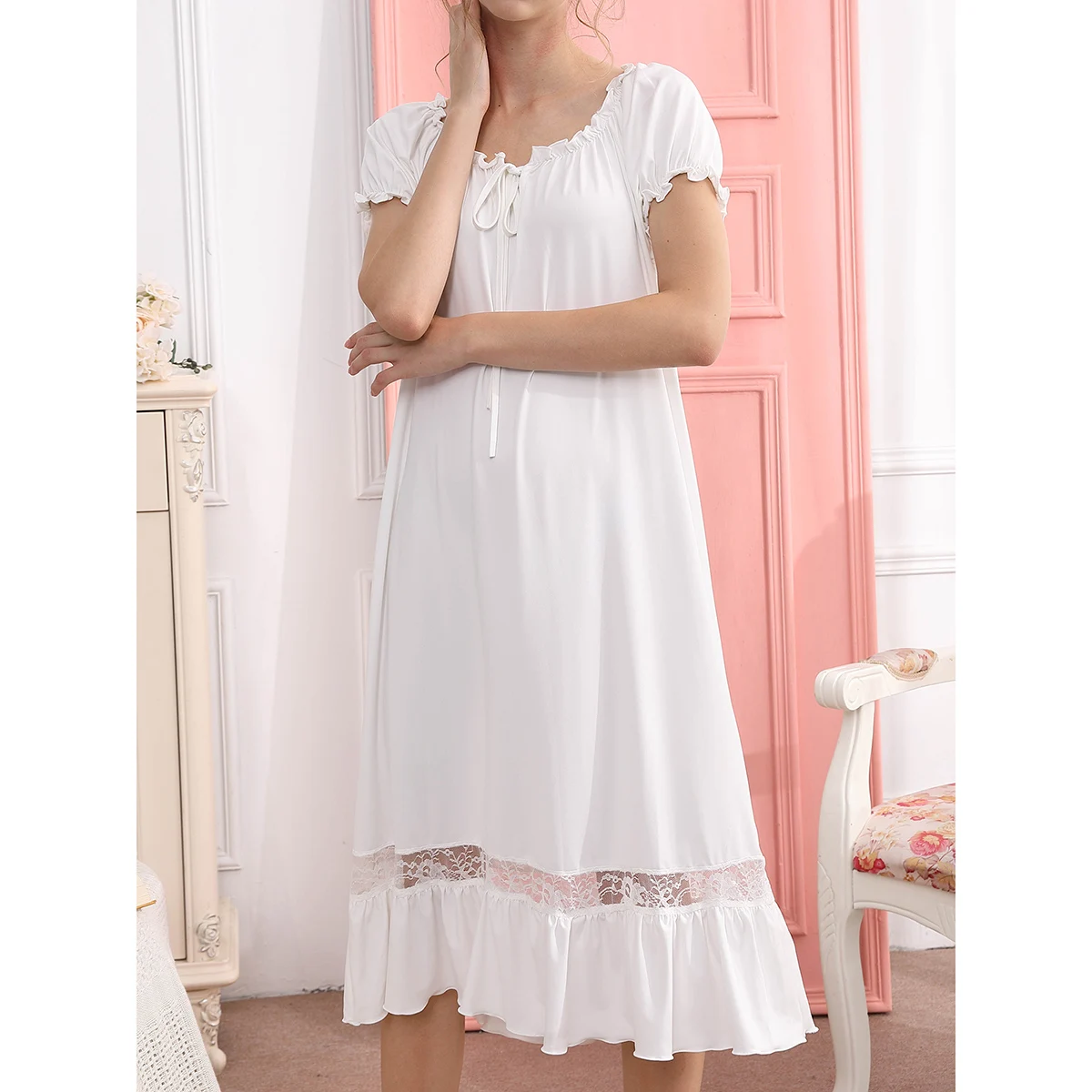 

Sleepwear Casual Vintage White Night Dress Sleep Robe Elegant Women Nightwear Home Lace Ruffles Short Puff Sleeve Loose Dreesses