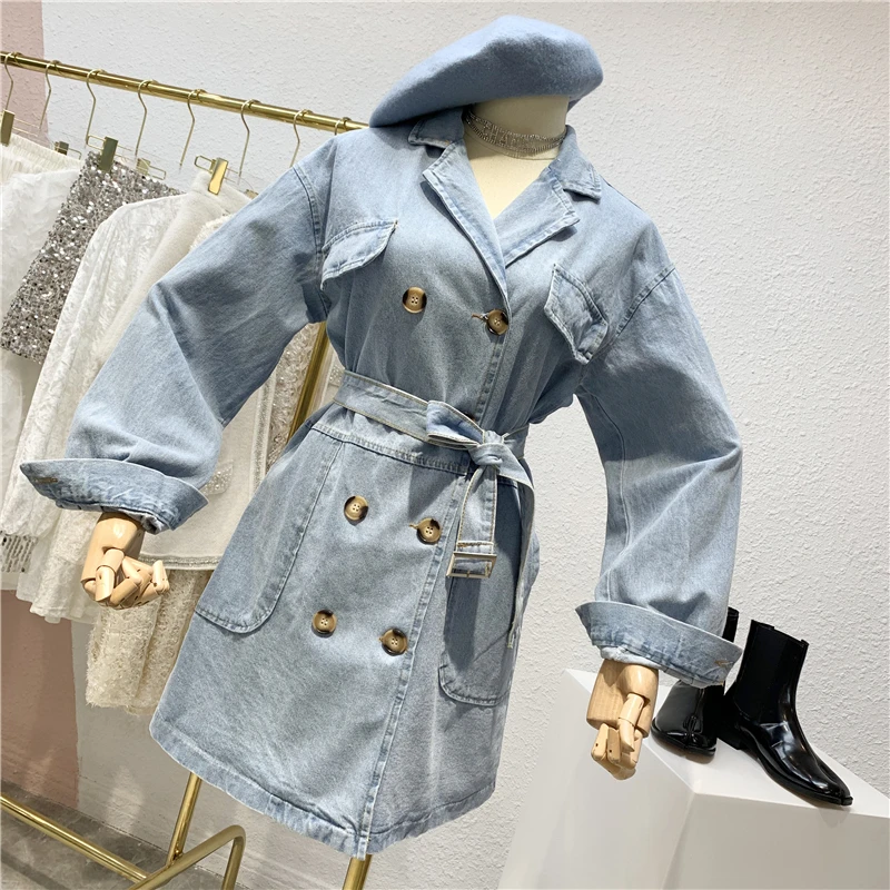 Женская уличная куртка с ремнем Весенняя Свободная джинсовая на шнурках в стиле