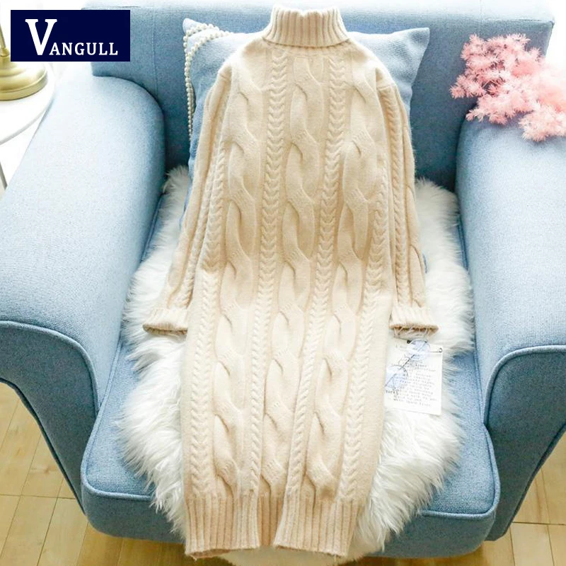 

Vangull трикотажное женское платье с высоким воротом 2021 осень зима скручивающееся платье-пуловер женское платье до колена с длинным рукавом