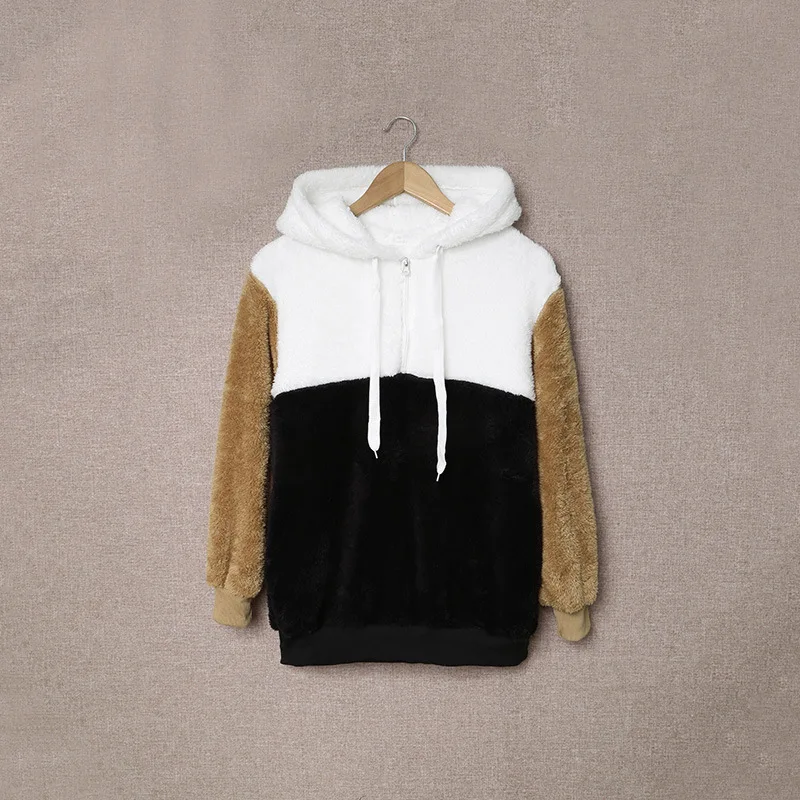 

2021 new warm plush contrast color ladies zipper hooded sweater