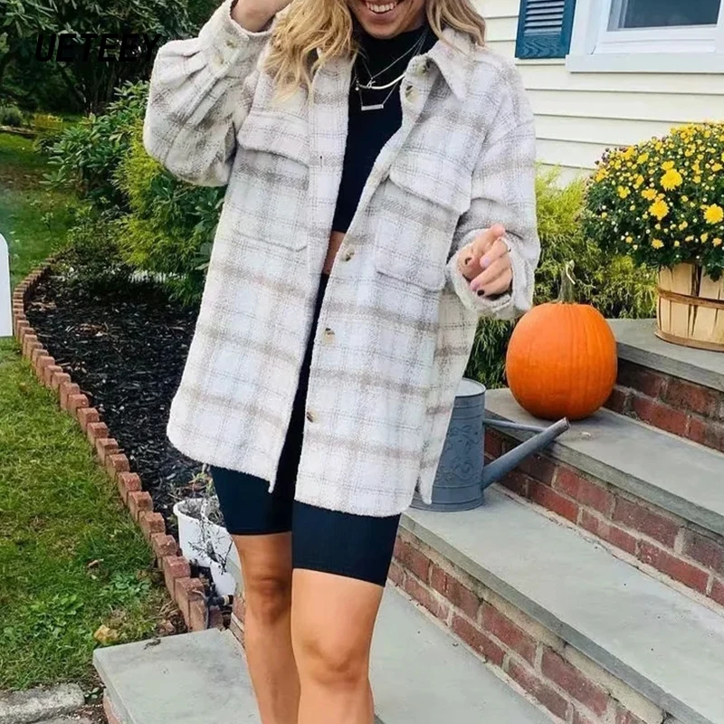 

Women's Shirt Jacket Vintage Soft Tweed Shirts Oversize 2021 Spring Fashion Ladies Elegant Loose Bouses Streetwear Girls Outwear