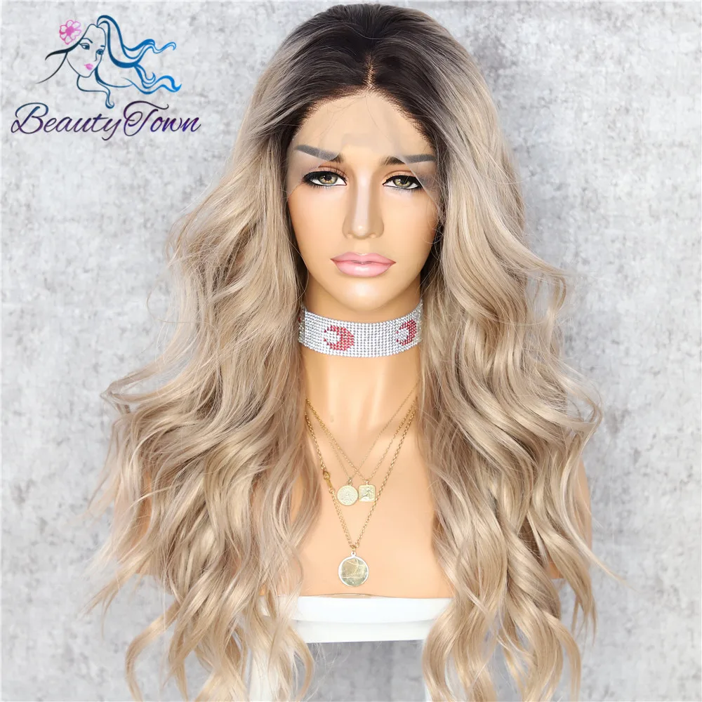 BeautyTown, темные корни, Омбре, коричневый, натуральная, длинная волна, для женщин, королева, повседневный макияж, для свадьбы, вечеринки, подарок, синтетические парики на кружеве