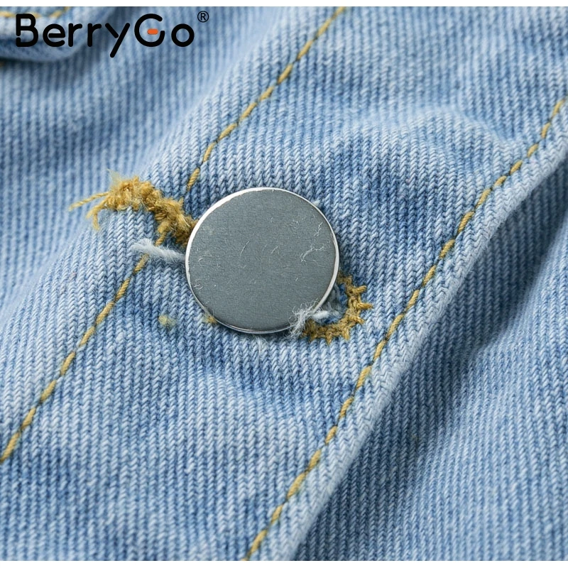 BerryGo Fashion ripped denim jackets women Casual pockets autumn winter jeans jacket coats Vintage streetwear short outerwears