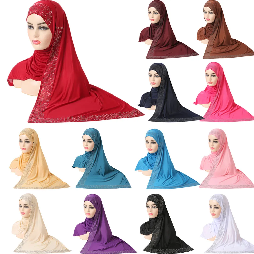 

One Piece Muslim Women Scarf Hijab Headscarf Head Wrap Long Tail Glitter Amira Islam Rhinestone Turban Arab Bandanas Prayer Hat