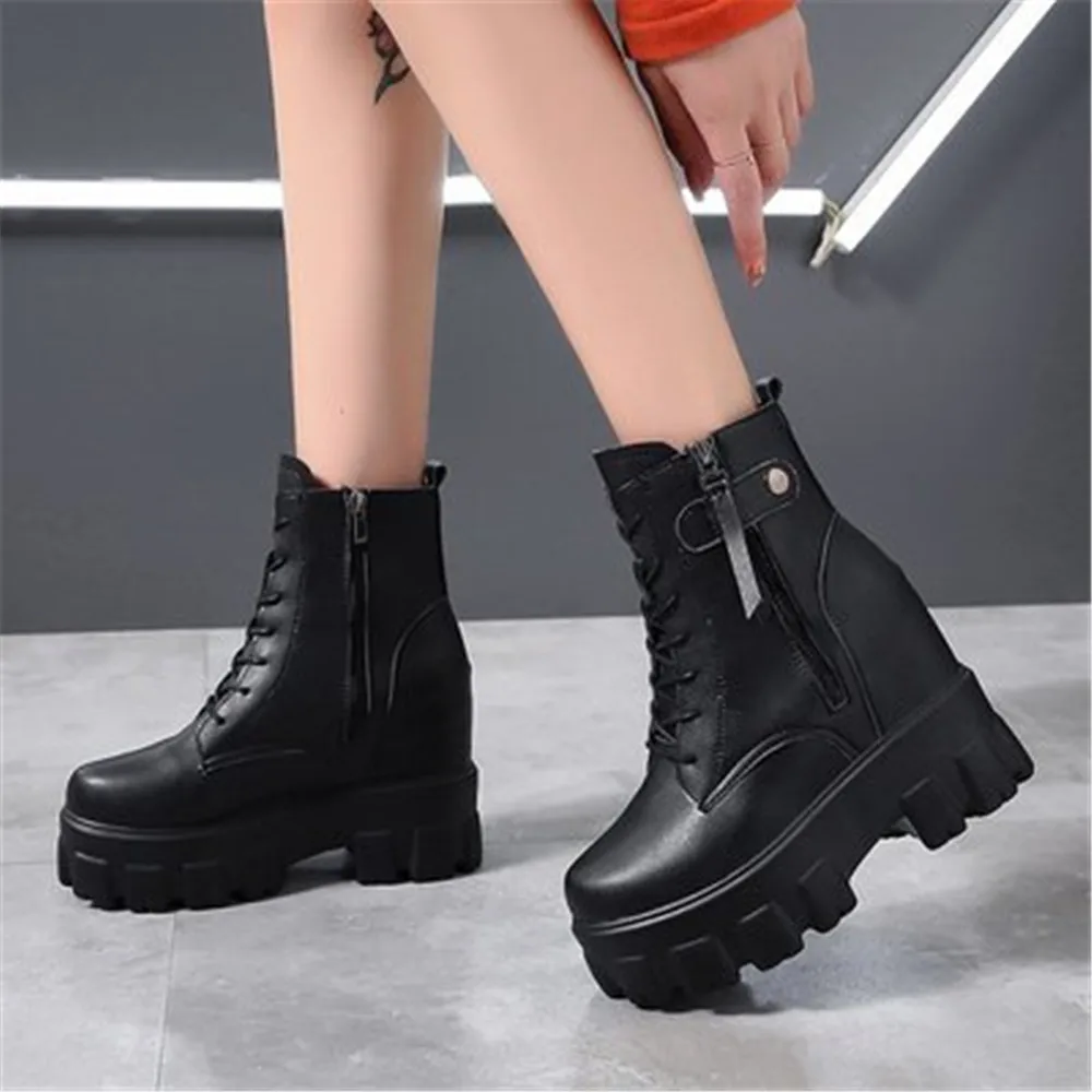 

Autumn Fashion PU Leather Ankle Boots Round Toe Women Chunky Sneakers Lace Up Platform Shoes Woman botas mujer motorcycle boots