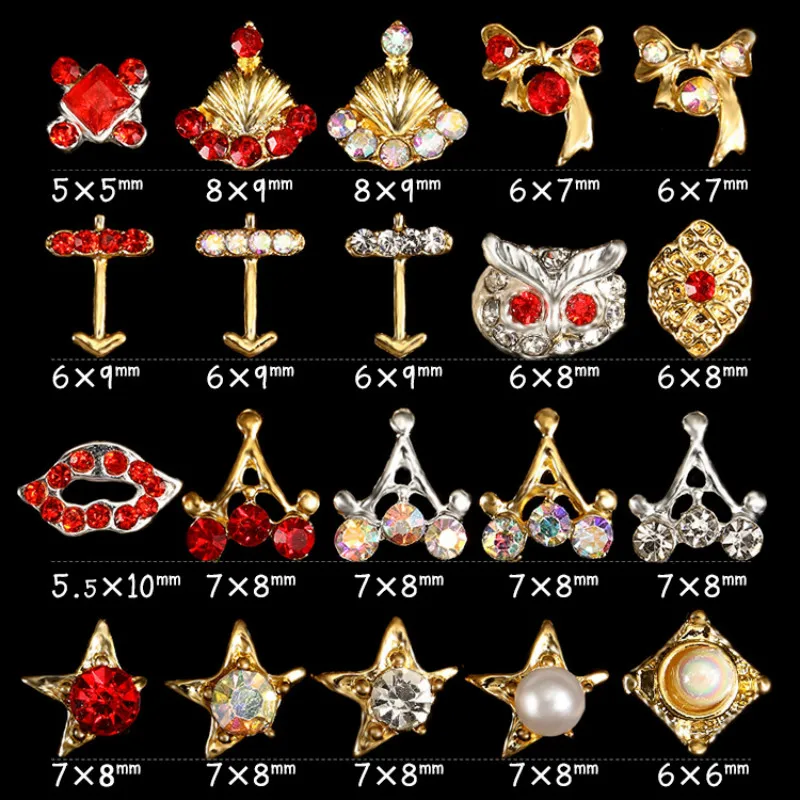 

10pcs New High Quality Alloy Lips Five-star Crown Red Pearl Rhinestone Embellishment Decoration DIY Nail Art Design