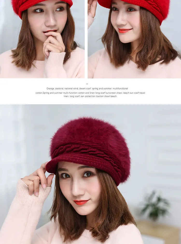 Women's hat winter rabbit hair knitted beret hat winter hats for women caps women fashion winter hat women's knitted hat