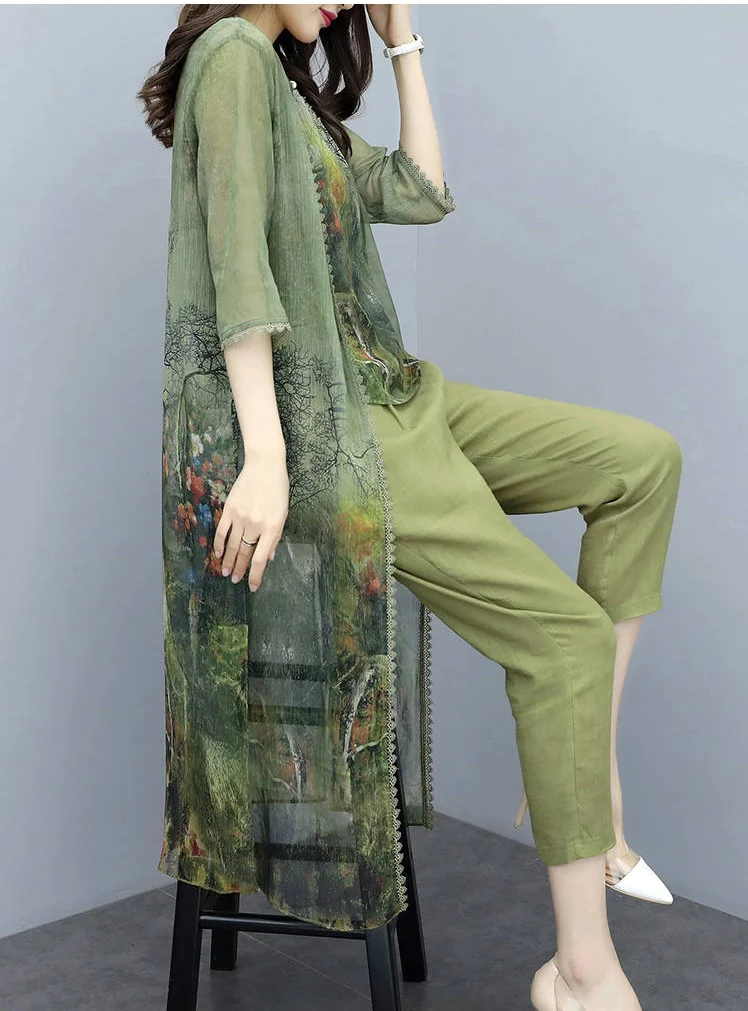 Летнее шифоновое платье зеленого цвета с принтом Комплект из 3 предметов Для