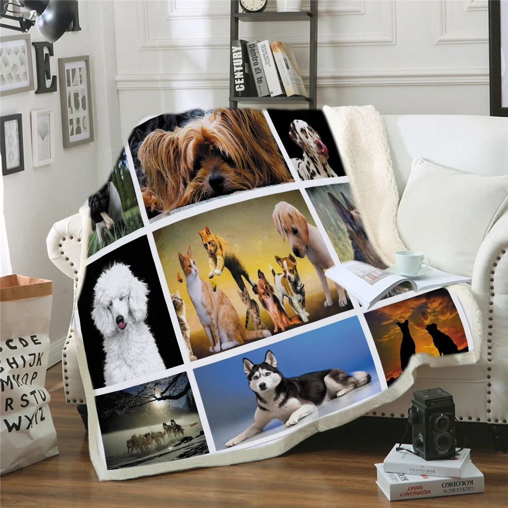 

Cute Animal Cat Dog Throw Blanket on Bed 3D Animal Tiger Plush Sherpa Blanket Bedspreads Gray Cat Fur Thin Quilt