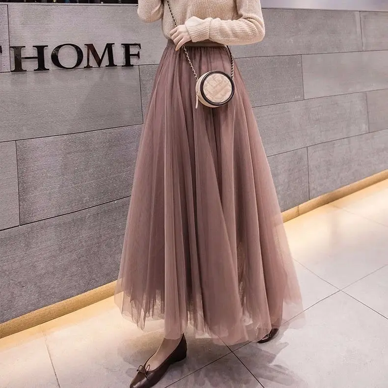 women skirt Юбка женская Весна Зима винтажные юбки Эластичная Высокая талия тюль сетка юбка длинная Плиссированная Юбка-пачка Женская Jupe Longue - Цвет: women skirt