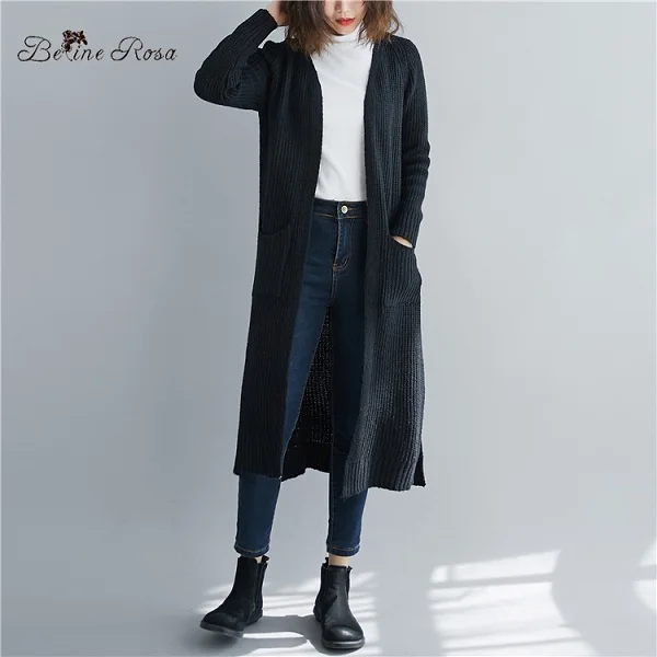 black BelineRosa Элегантные Женские однотонные свободные длинные кардиганы, повседневная одежда размера плюс для женщин, вязаные свитера, BSDM0306 - Цвет: black