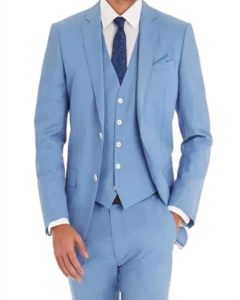

New Arrival Custom Made Sky Blue Notch Lapel Two Buttons Mens Suits For Groom Best Man Wedding Groomsmen Slim Fit Wear 3 Pieces