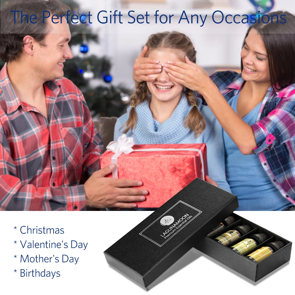 

Lagunamoon Any 6pcs/kit Pure Essential Oils 10ML Gift Set With Box Humidifier Aromatherapy Lemongrass Orange Tea Tree Rose Oil
