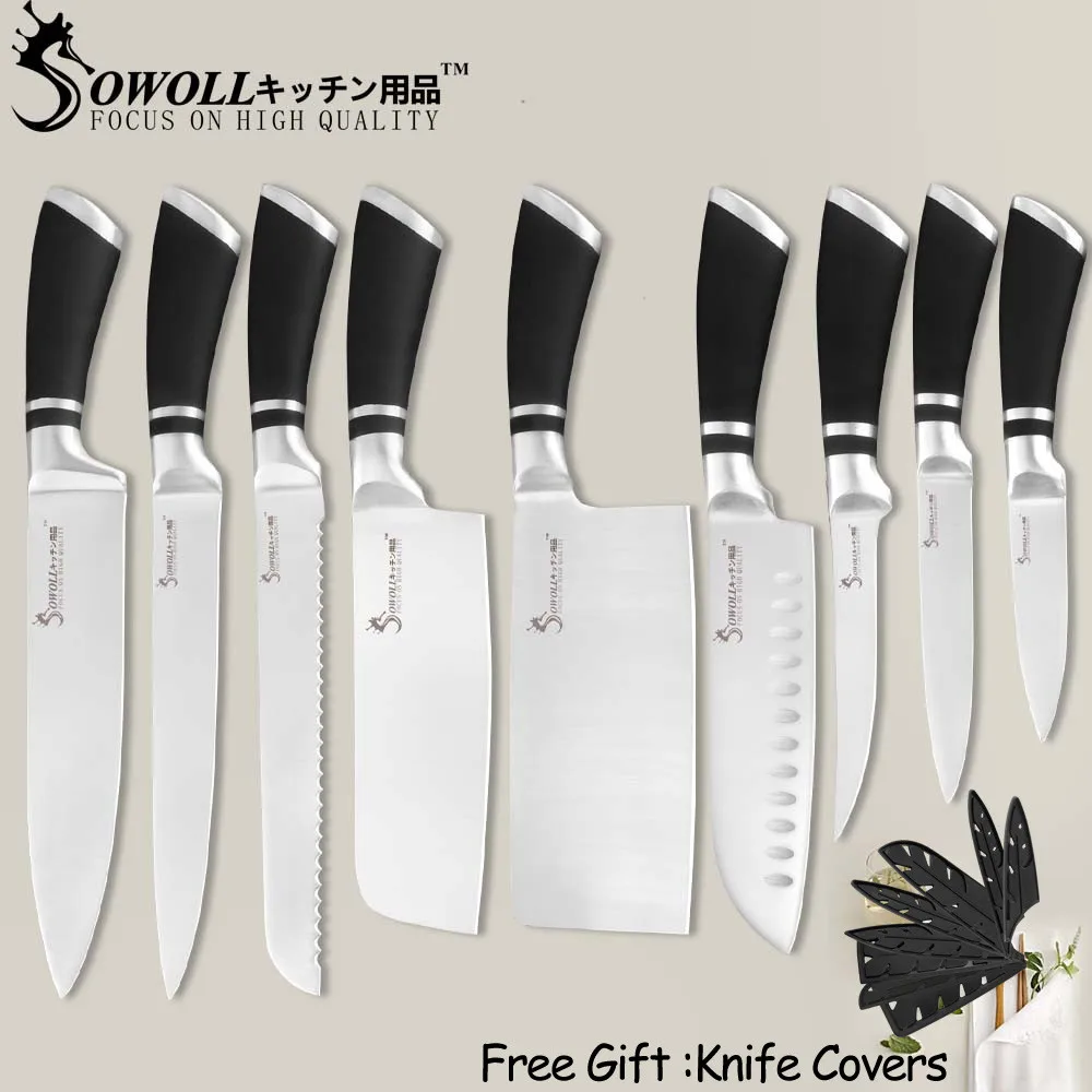 J.9 pcs set Кухонные ножи SOWOLL из нержавеющей стали для обвалки овощей утилита Santoku для нарезки хлеба шеф-повара накири аксессуары для ножей Инструменты - Цвет: J.9 pcs set